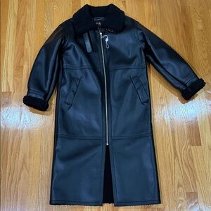 Black Faux Leather Long Shearling Coat